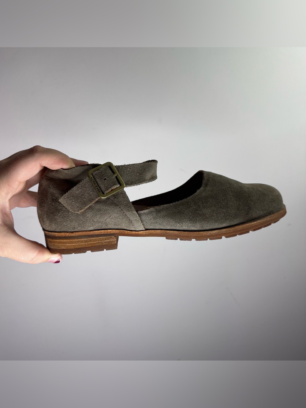 Kork-Ease Suede Mary Jane Flats Grey Green Leather Comfort Shoes 9.5